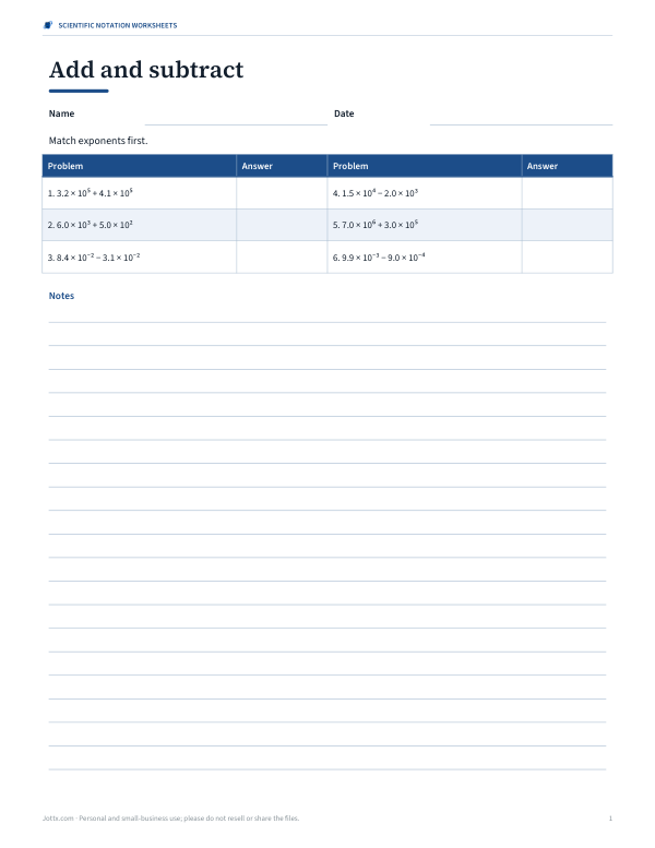 Preview of Printable Scientific Notation Add and Subtract Worksheet